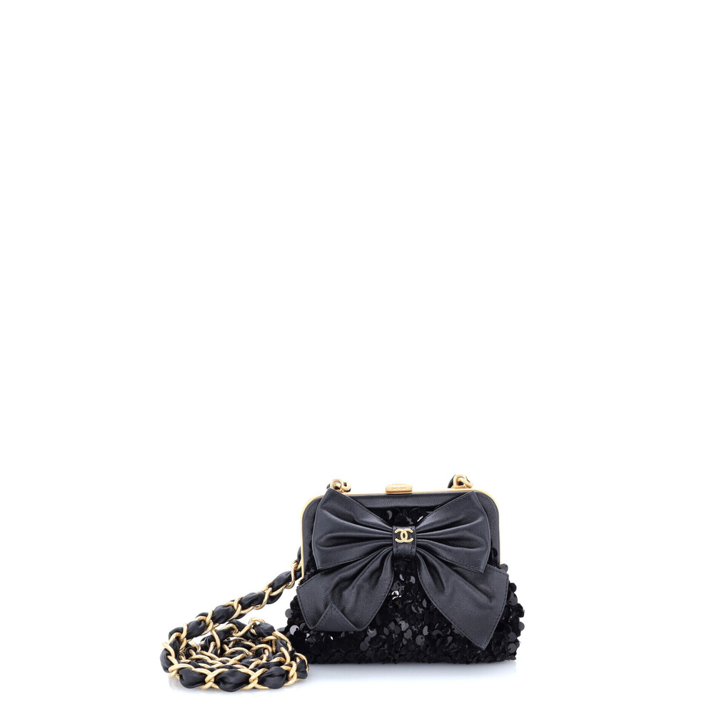 Chanel Mini Bow Frame Clutch With Chain Sequin Embellished Tweed with Leather